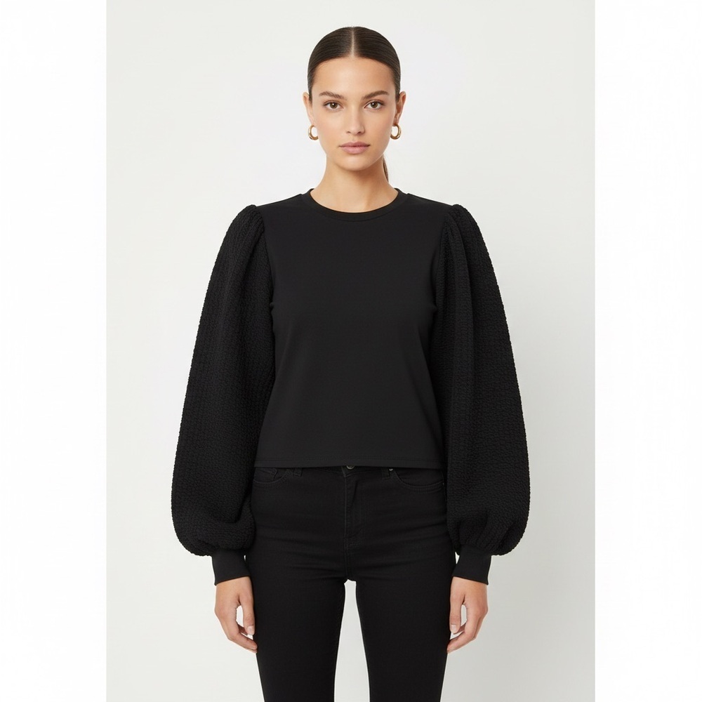 Bershka Blouse Long Puff Textured Sleeve Cropped Black Party Y2K Knit Top Size L